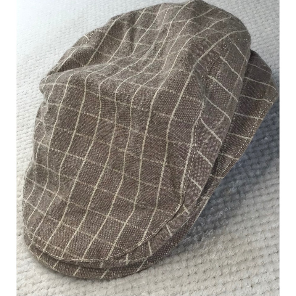 Cremieux Collection Mens Brown Windowpane Plaid Flat Cap Ivy Hat Cotton L XL